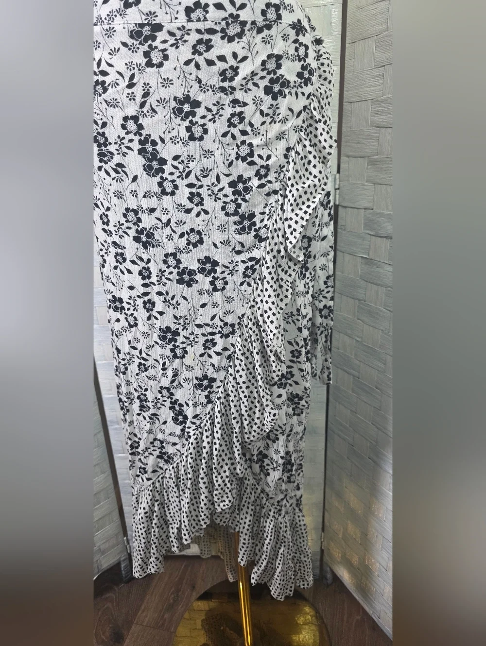 Maurices Black and White Asymmetrical Floral Ruffle Skirt